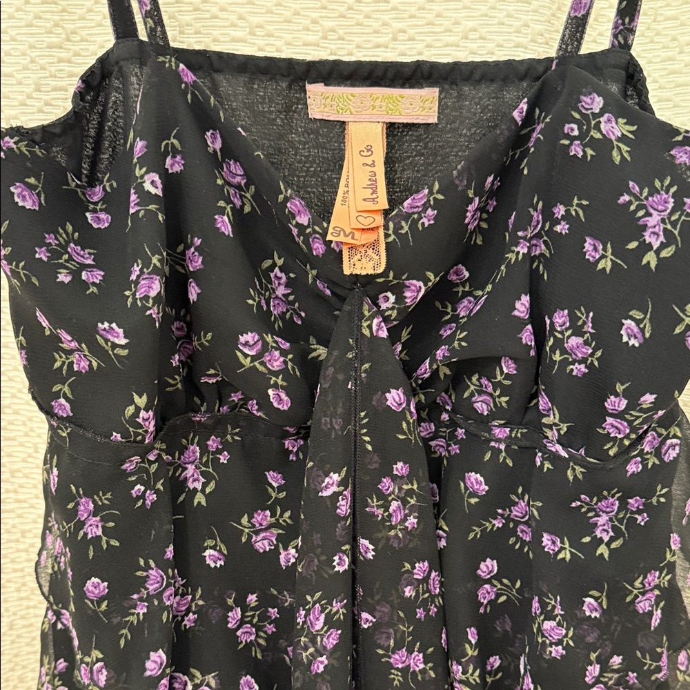 Andrew & Co Black Mini Dress with Purple Floral Print